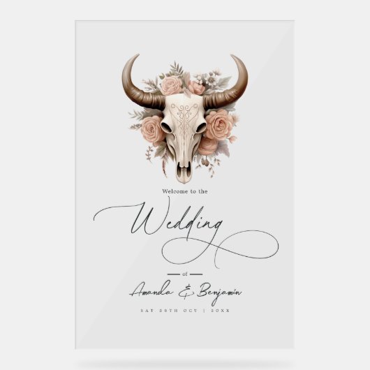 Rustic Bull Skull Floral Westerne bruiloft Welkom Acryl Bord (Voorkant)