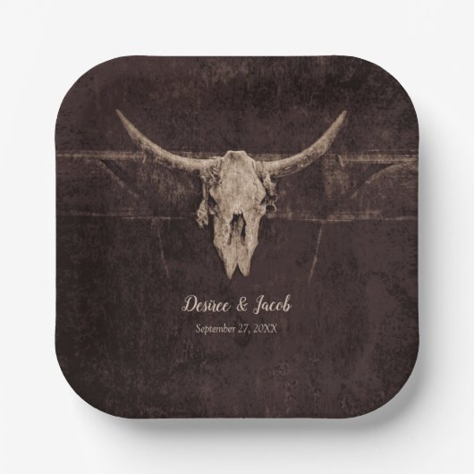 Rustic Bull Skull Wedding Country Westerne textuur Papieren Bordje (Voorkant)