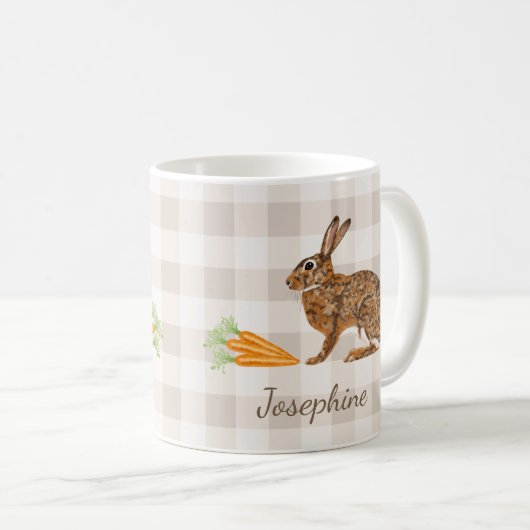 Rustic Bunny And Carrots With Name Beige Gingham Koffiemok (Voorkant rechts)