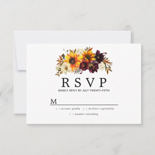 Rustic Burgund Red Floral Wedding RSVP Kaartje (Voorkant)