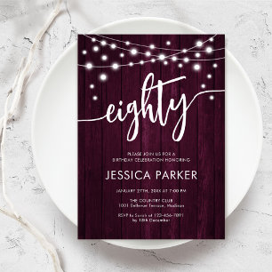 Rustic Burgundy 80th Birthday Party Kaart