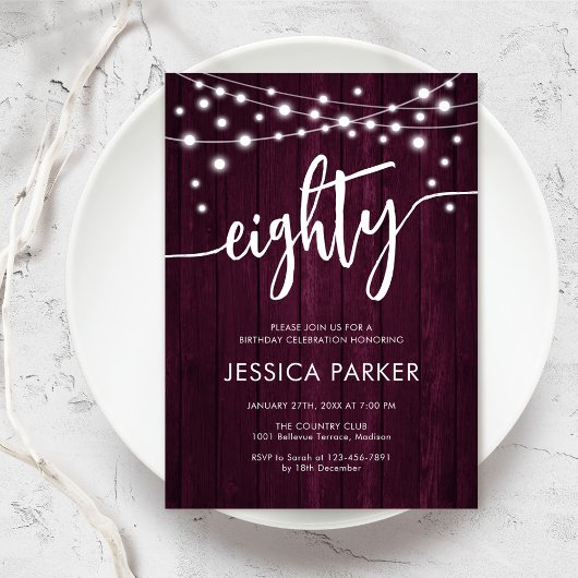 Rustic Burgundy 80th Birthday Party Kaart