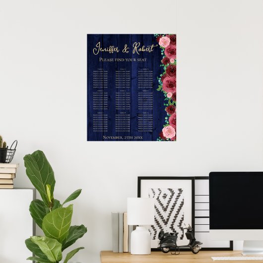 Rustic Burgundy 9 Table Seating Chart Floral Poster (Thuiskantoor)