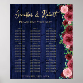 Rustic Burgundy 9 Table Seating Chart Floral Poster