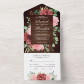 Rustic Burgundy and Blush Pink Floral Wood Weddens All In One Uitnodiging (Binnen)