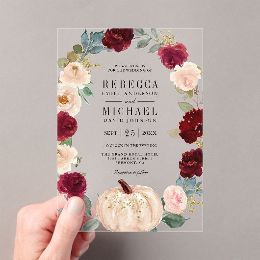 Rustic Burgundy and Peach Floral Pumpkin Wedding Acryl Uitnodigingen (Insitu (Draagbaar))