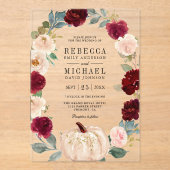 Rustic Burgundy and Peach Floral Pumpkin Wedding Acryl Uitnodigingen (Voorkant)