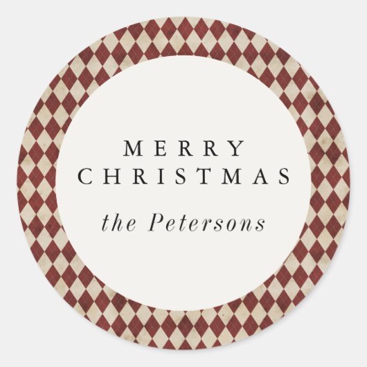Rustic Burgundy Argyle Holiday Ronde Sticker (Voorkant)