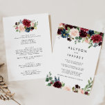 Rustic Burgundy Back & Front Formal Wedding Kaart<br><div class="desc">Deze bijtende burgundy terug en voordelige officiële trouwuitnodiging is perfect voor een elegante bruiloft. Het ontwerp is voorzien van bruine, rode, marineuze, blauwe en blauwe radiant en gracieuze handbeschilderde bloemen, die de natuurlijke schoonheid inspireren. Bespaar papier door meer informatie op de achterkant van de uitnodiging te plaatsen in plaats van...</div>