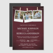 Rustic Burgundy Barn Wood Foto Collage Wedding Magnetische Uitnodiging (Voorkant / Achterkant)