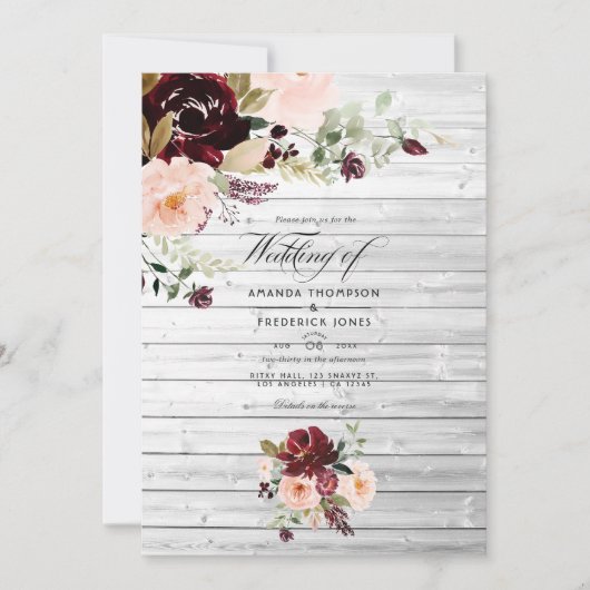 Rustic Burgundy Berry en Blush Floral Wedding Kaart (Voorkant)