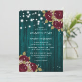 Rustic Burgundy Blauwgroen Wood Licht Floral Weddi Kaart (Staand voorkant)