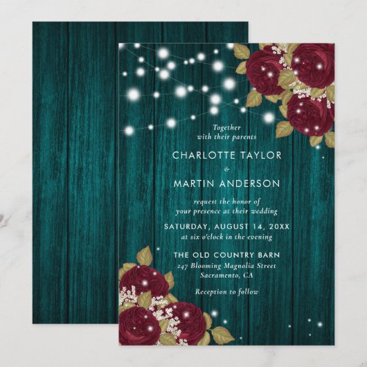 Rustic Burgundy Blauwgroen Wood Licht Floral Weddi Kaart (Voorkant / Achterkant)