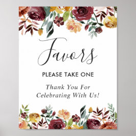 Rustic Burgundy Bloom Floral Wedding Favors Sign Poster