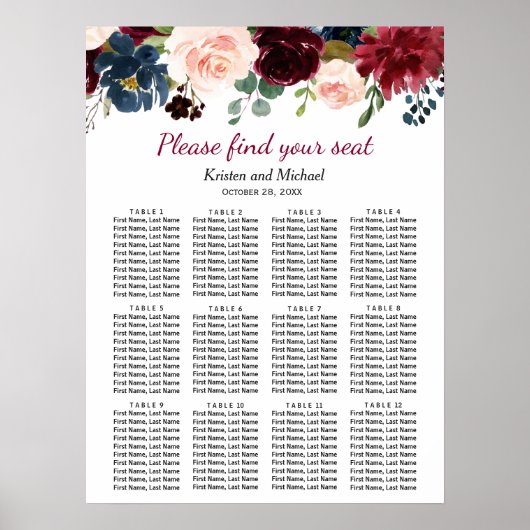 Rustic Burgundy Bloom Floral Wedding Seating Chart Poster (Voorkant)