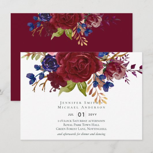 Rustic Burgundy Blue Floral Budget Wedding Invites (Voorkant / Achterkant)