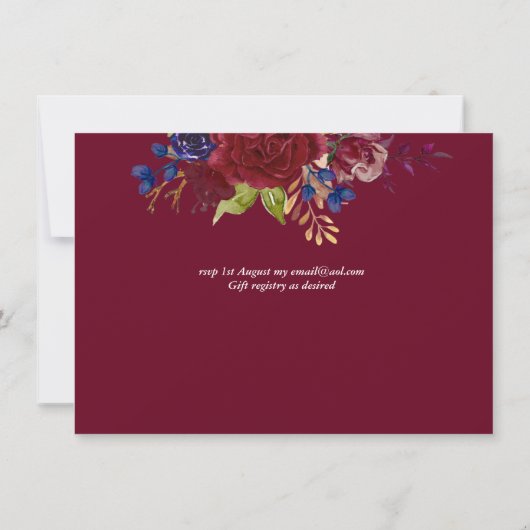 Rustic Burgundy Blue Floral Budget Wedding Invites (Achterkant)