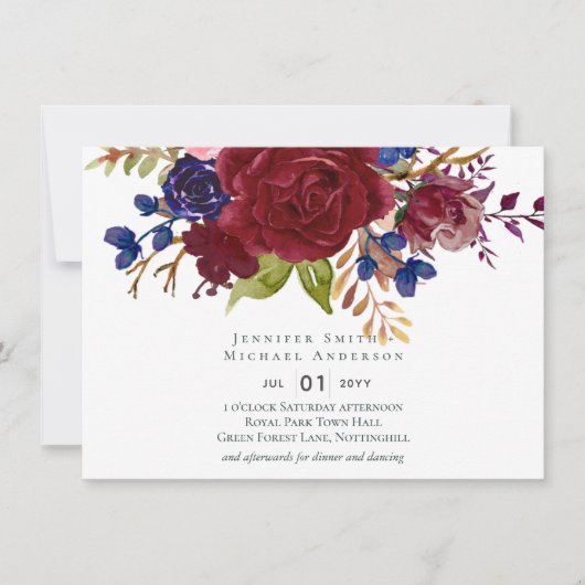 Rustic Burgundy Blue Floral Budget Wedding Invites (Voorkant)