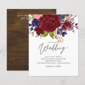 Rustic Burgundy Blue Floral Budget Wedding Invites (Voorkant / Achterkant)