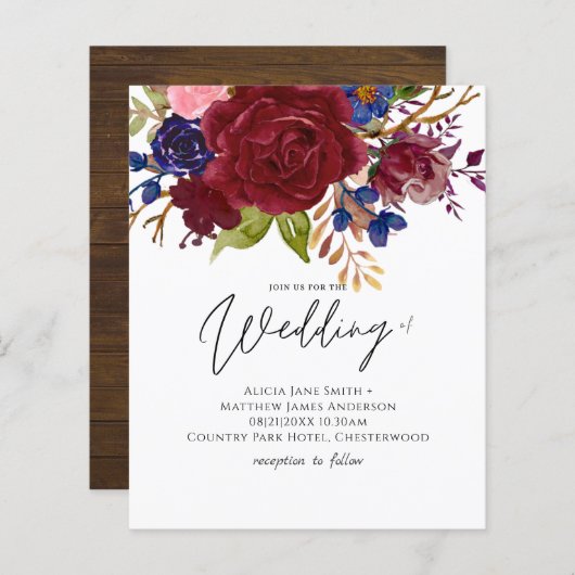 Rustic Burgundy Blue Floral Budget Wedding Invites (Voorkant / Achterkant)