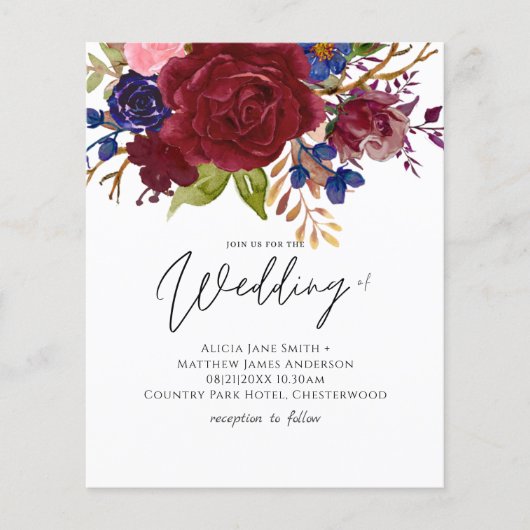 Rustic Burgundy Blue Floral Budget Wedding Invites (Voorkant)