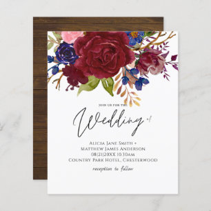 Rustic Burgundy Blue Floral Budget Wedding Invites