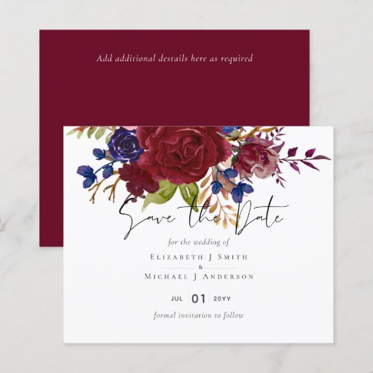 Rustic Burgundy Blue Floral Budget Wedding Invites (Voorkant / Achterkant)