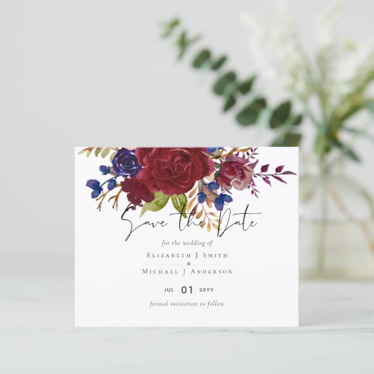 Rustic Burgundy Blue Floral Budget Wedding Invites (Staand voorkant)