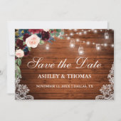 Rustic Burgundy Blue Floral Lights Lace Wood Save The Date (Voorkant)