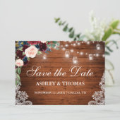 Rustic Burgundy Blue Floral Lights Lace Wood Save The Date (Staand voorkant)