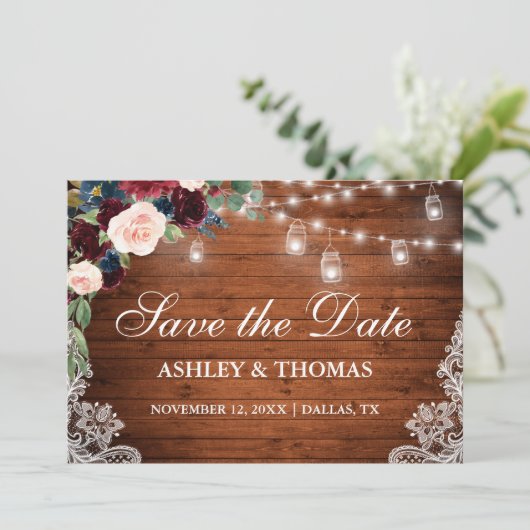 Rustic Burgundy Blue Floral Lights Lace Wood Save The Date (Staand voorkant)