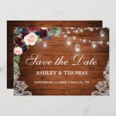 Rustic Burgundy Blue Floral Lights Lace Wood Save The Date (Voorkant / Achterkant)