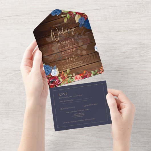 Rustic Burgundy Blue Floral Wedding All In One Uitnodiging (Afscheurbaar)