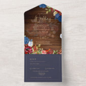 Rustic Burgundy Blue Floral Wedding All In One Uitnodiging (Binnen)