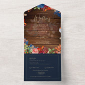 Rustic Burgundy Blue Floral Wedding All In One Uitnodiging (Binnen)