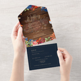 Rustic Burgundy Blue Floral Wedding All In One Uitnodiging
