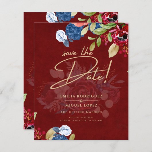 Rustic Burgundy Blue Floral Wedding BESPAAR DE DAT (Voorkant / Achterkant)