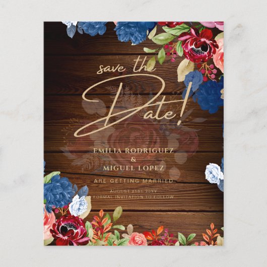 Rustic Burgundy Blue Floral Wedding BESPAAR DE DAT Flyer (Voorkant)