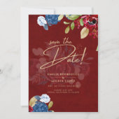 Rustic Burgundy Blue Floral Wedding BESPAAR DE DAT Kaart (Voorkant)