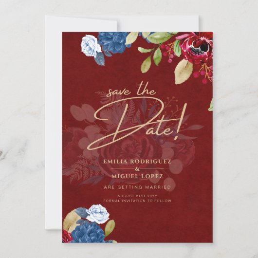 Rustic Burgundy Blue Floral Wedding BESPAAR DE DAT Kaart (Voorkant)