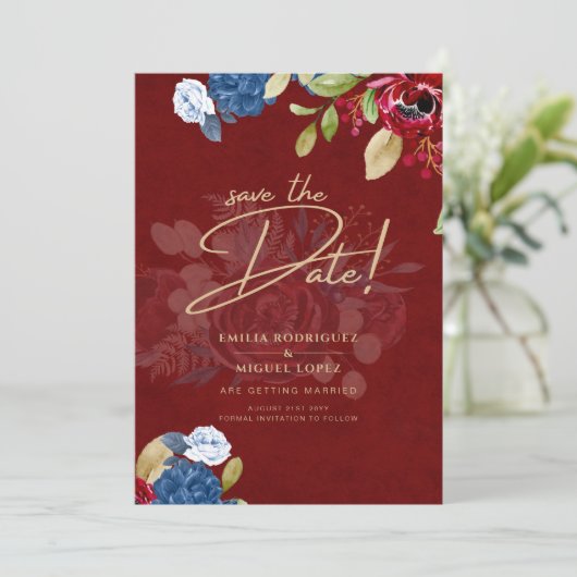 Rustic Burgundy Blue Floral Wedding BESPAAR DE DAT Kaart (Staand voorkant)