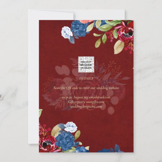 Rustic Burgundy Blue Floral Wedding BESPAAR DE DAT Kaart (Achterkant)