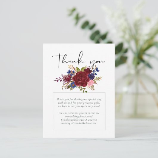 Rustic Burgundy Blue Floral Wedding Briefkaart (Staand voorkant)