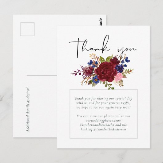 Rustic Burgundy Blue Floral Wedding Briefkaart (Voorkant / Achterkant)