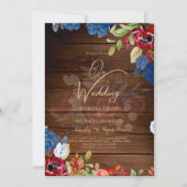 Rustic Burgundy Blue Floral Wedding Kaart (Voorkant)