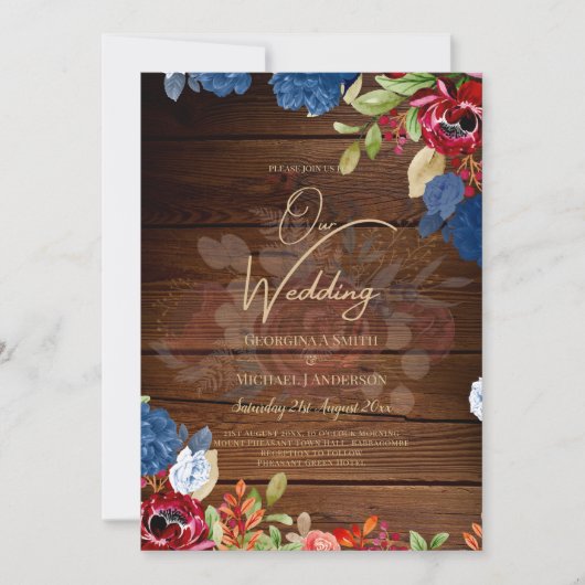 Rustic Burgundy Blue Floral Wedding Kaart (Voorkant)