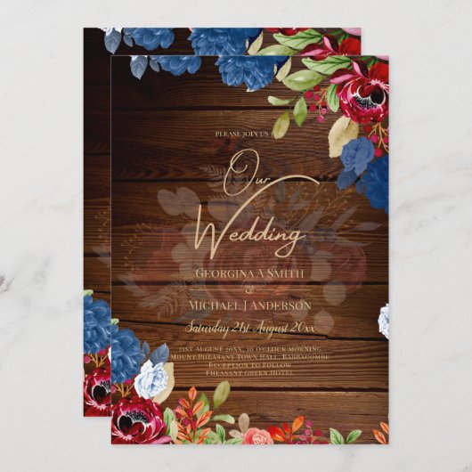 Rustic Burgundy Blue Floral Wedding Kaart (Voorkant / Achterkant)