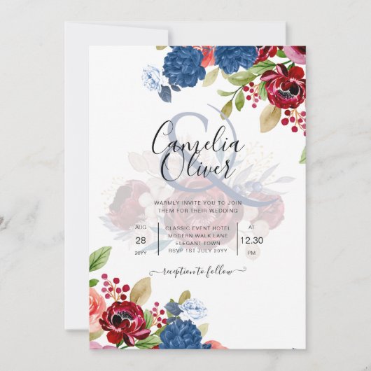 Rustic Burgundy Blue Floral Wedding Kaart (Voorkant)