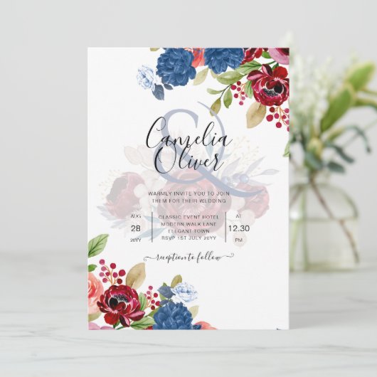 Rustic Burgundy Blue Floral Wedding Kaart (Staand voorkant)