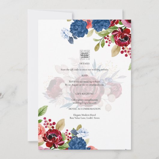 Rustic Burgundy Blue Floral Wedding Kaart (Achterkant)